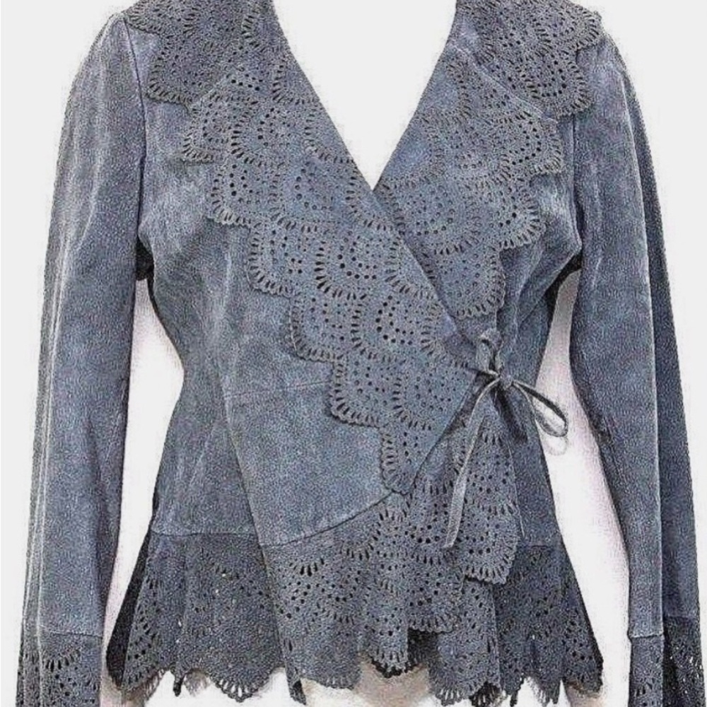 Women's Gray Tie-Front Laser Cut Soft Leather Jacket